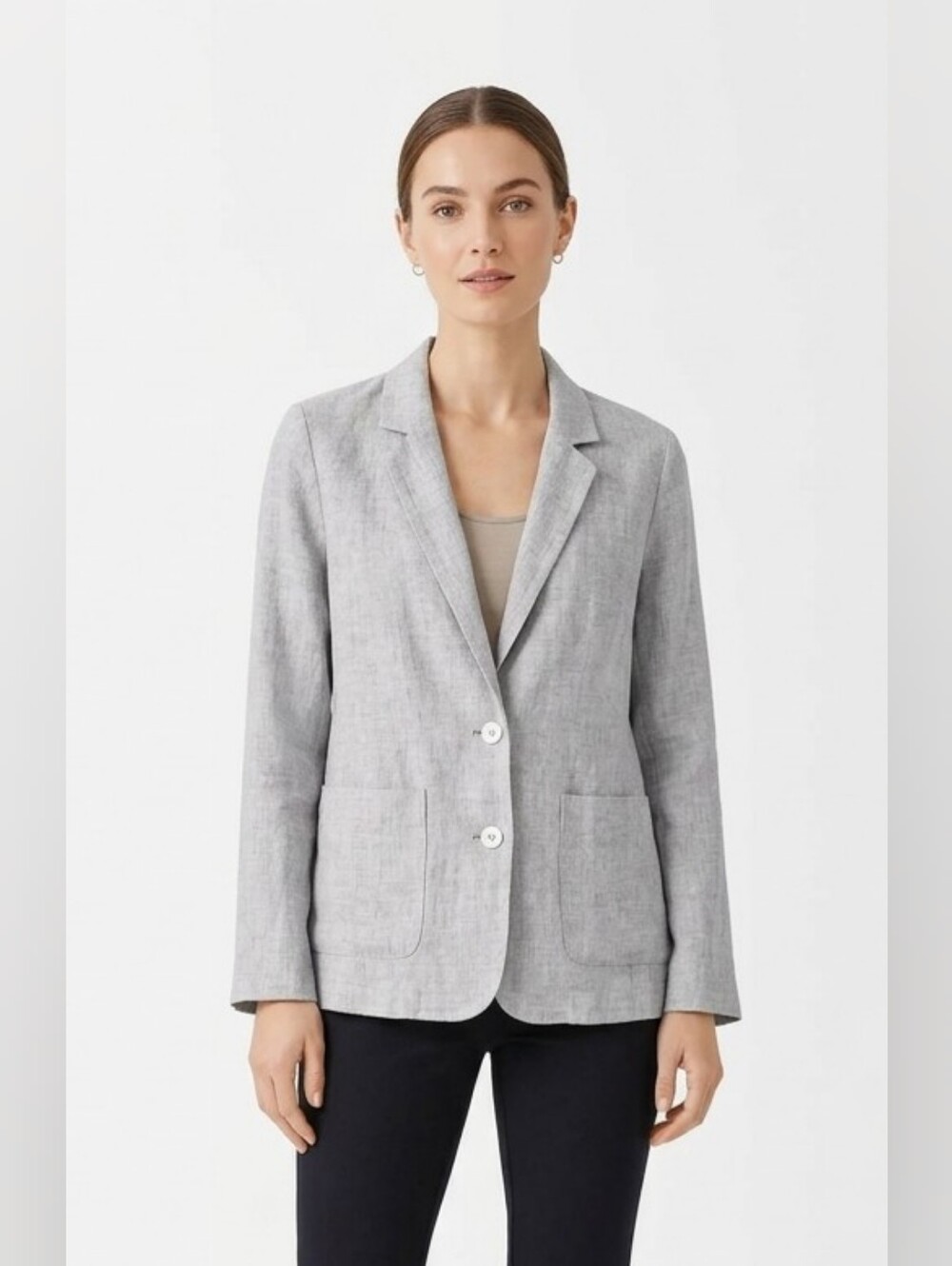 Eileen Fisher Light Gray Linen-Blend Blazer With Silver Thread Size MP